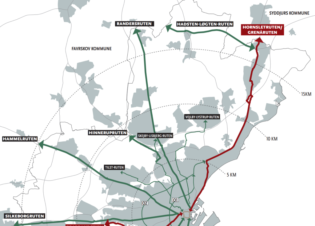 På kortet kan du måske ane, at Stationsvangen og Bondehaven bliver den nye superrute gennem Skødstrup og Løgten.