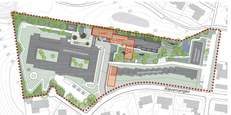 Grundejerforeningens forslag er markeret med rødt, og det vil kunne give plads til 16-20 ekstra plejeboliger. Det ville gøre facaden knapt så dominerende som det i kommunens forslag, men forslaget blev afvist af Aarhus Kommune.