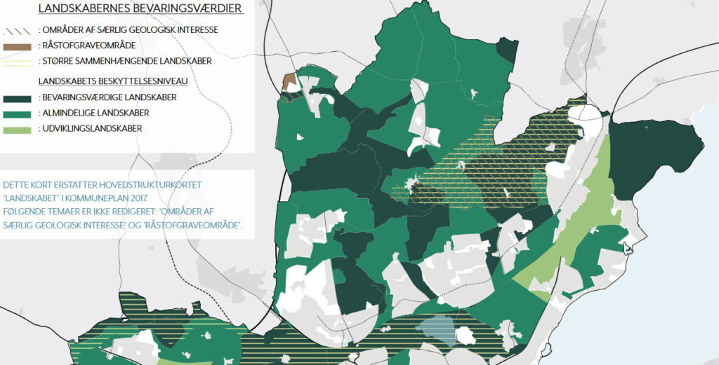 Men da politikerne havde vedtaget landskabsplanen, var der ikke længere et sammenhængende bevaringsværdigt landskab. Den ”mellemgrønne” farve står for ”almindeligt landskab”, og den lysegrønne farve betyder ”udviklingslandskab”.