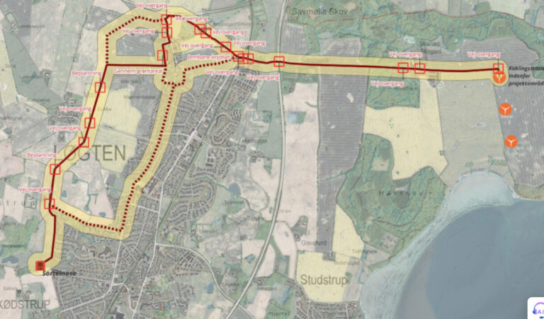 Kort over planlagt kabelføring med indtegnet alternativ
