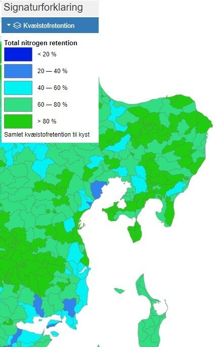 Her er vores lokalområde markeret med mørkeblå. Kortet viser, at vores lokalområde er det i (Østjylland) Aarhus Bugt, hvor der udledes mest kvælstof. Det skyldes blandt andet lerholdig jord og mange drænede marker.