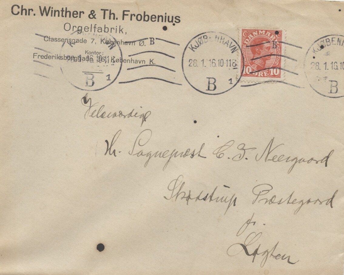 Brev fra orgelbyggerfirma, afsendt fra København i 1916 og adresseret til "...Skødstrup Præstegaard, Løgten"