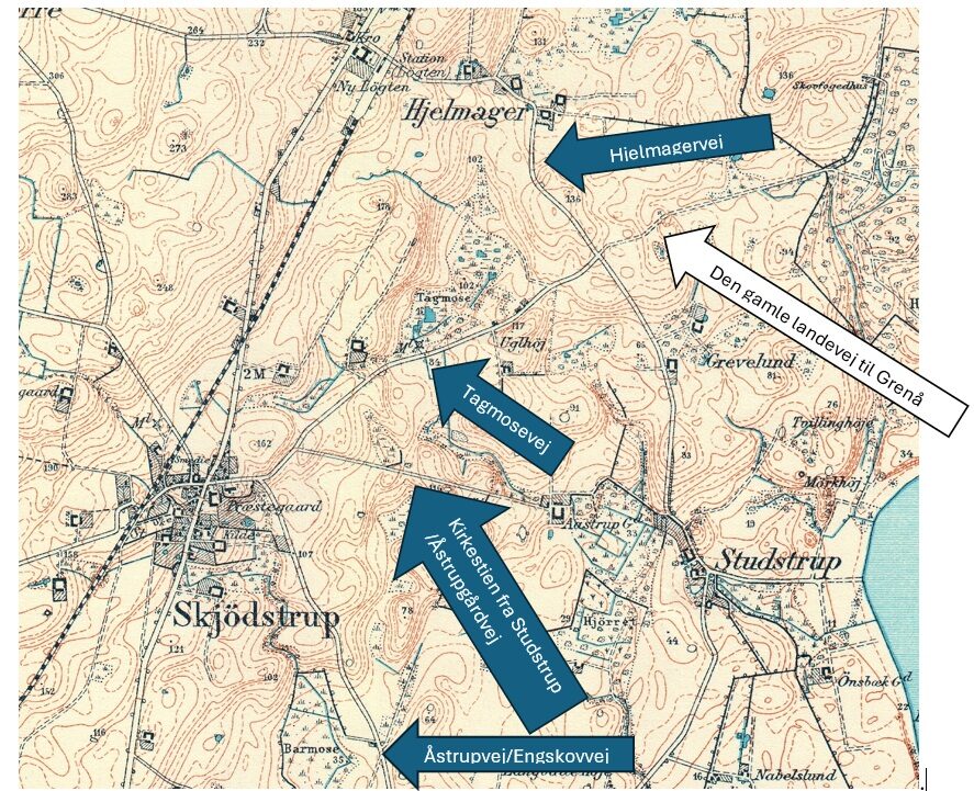 Kort fra 1937 visende de gamle veje og navne.