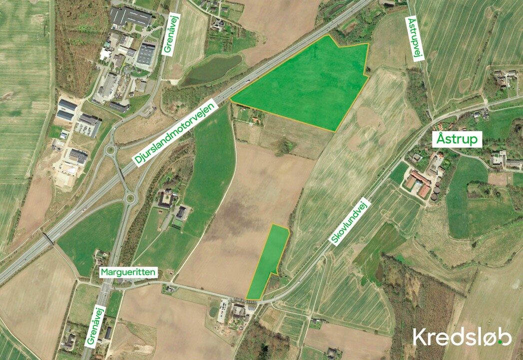 De lysegrønne arealer med gult omrids er de to steder i 8541, hvor Kredsløb undersøger muligheden for at lave energianlæg.