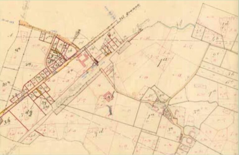 Hjelmagervej og starten af Løgten - ca 1945. Kortet er ikke fuldstændigt. Stationen, kroen og Fruenseje mangler
