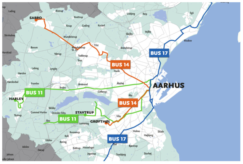 Buslinjer uden Studstrup Det er buslinjerne her, der deltager i forsøget med billige busbilletter. Bemærk på kortet fra Aarhus Kommune, at Studstrup åbenbart ligger så langt væk, at byen ikke kunne få plads på kortet.