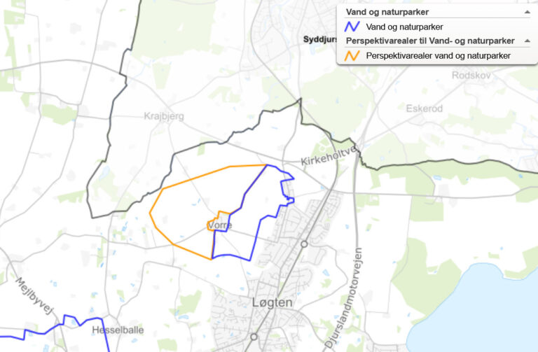 Kortet her viser, hvor første del af vand- og naturparken skal ligge. Området vest for Vorre ligger længere ude i fremtiden (perspektivareal), men Løgten-Skødstrup Vandværk finder det vigtigt at få dette område med også.