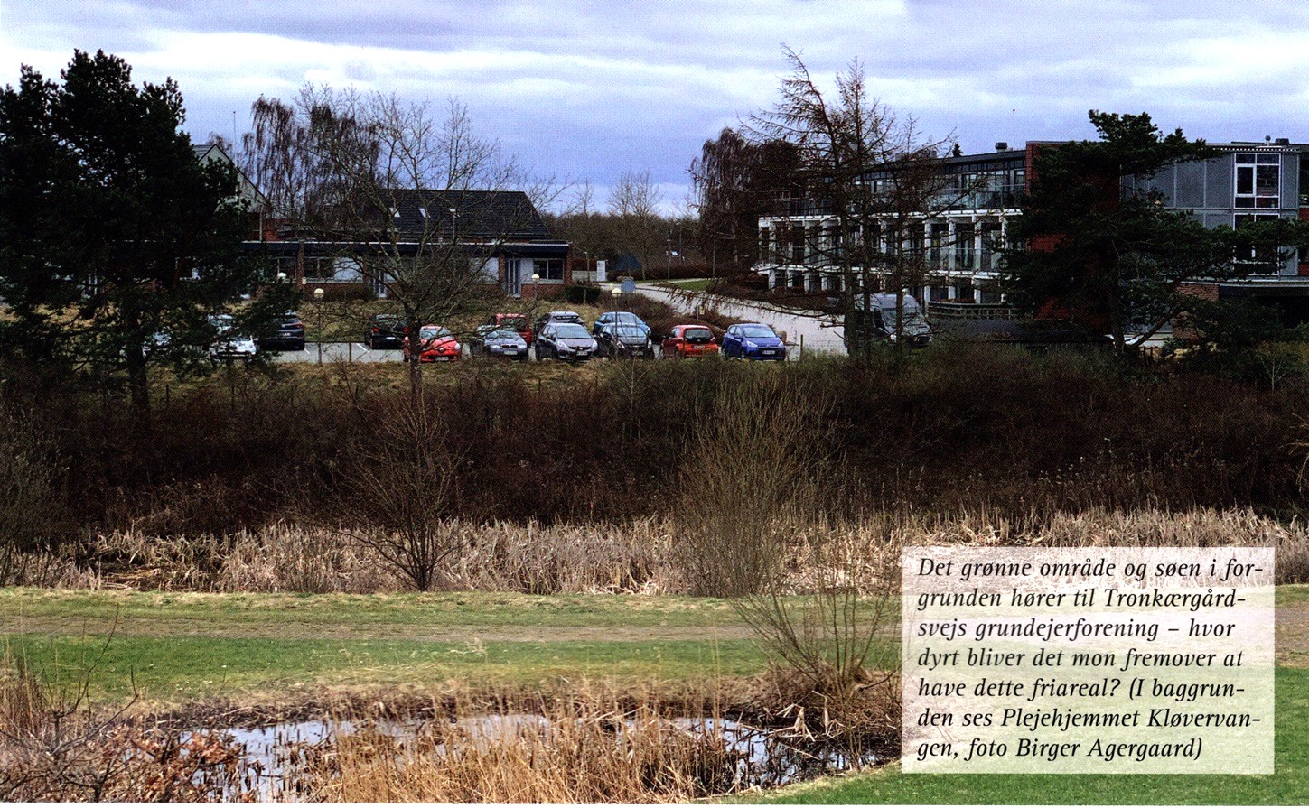 Det grønne område og søen i forgrunden hører til Tronkærgårdsvejs grundejerforening – hvor dyrt bliver det mon fremover at have dette friareal? (I baggrunden ses Plejehjemmet Kløvervangen, foto Birger Agergaard)